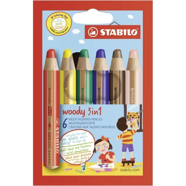 8806 woody 3 in 1, 6er Etui Buntstift, Wasserfarbe & Wachsmalkreide - STABILO woody 3 in 1 - mit 6 verschiedenen Farben – Bild 1
