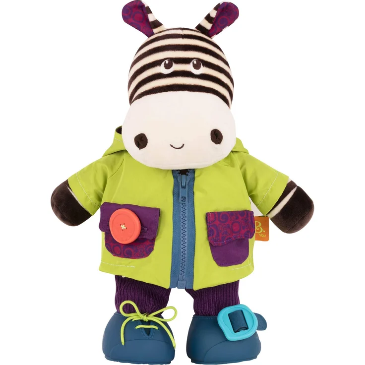 B. toys Zebra Kuscheltier zum Anziehen lernen – Schleife, Reißverschluss, Klettverschluss, Knopf – Lernspielzeug mit Geräuschen für Kinder ab 2 Jahre – Bild 1