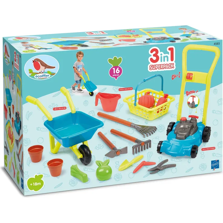 Ecoiffier 4585 Super 3-in-1 Garten-Pack, Grün/Blau/Orange