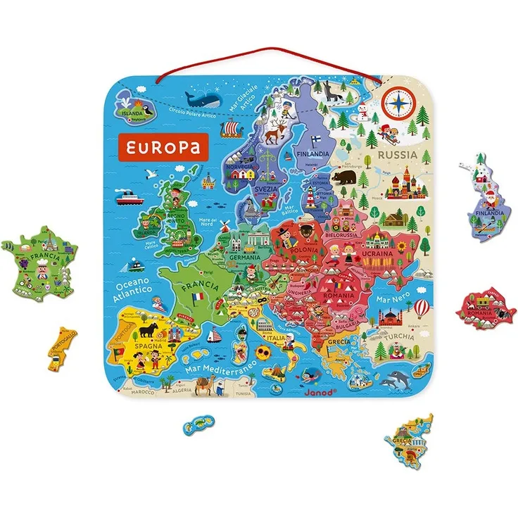 Janod - Magnetisches Puzzle Europakarte - Pädagogisches Holzpuzzle zum Lernen der Geographie - Europareise mit 40 Magneten - Zum Aufhängen an der Wand - Italienische Version - Ab 7 Jahren, J05475