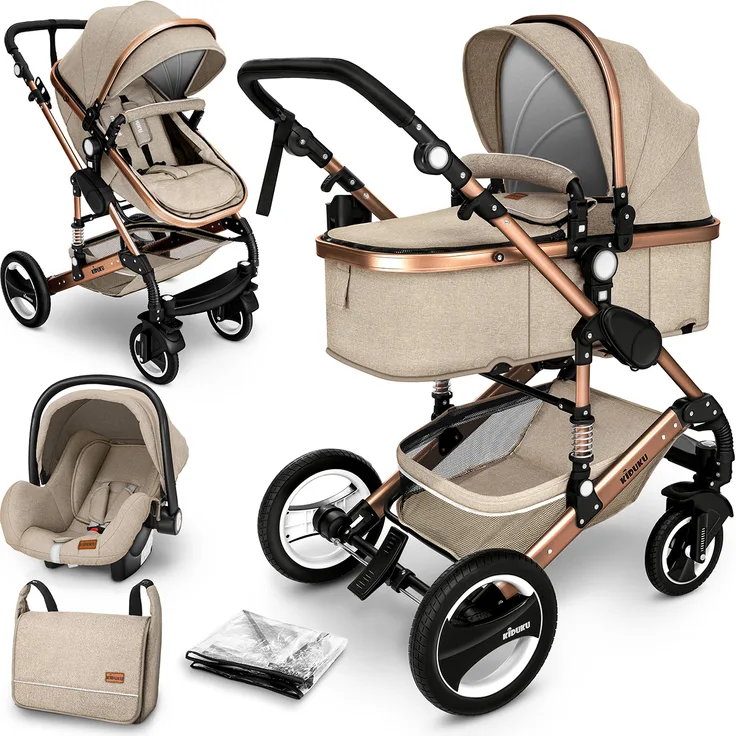 KIDUKU Kombikinderwagen 4plusin1 Beige/Gold inkl. Sitz, Babywanne, Babyschale Beige, Wickeltasche, Wetterschutz - Preisvergleich