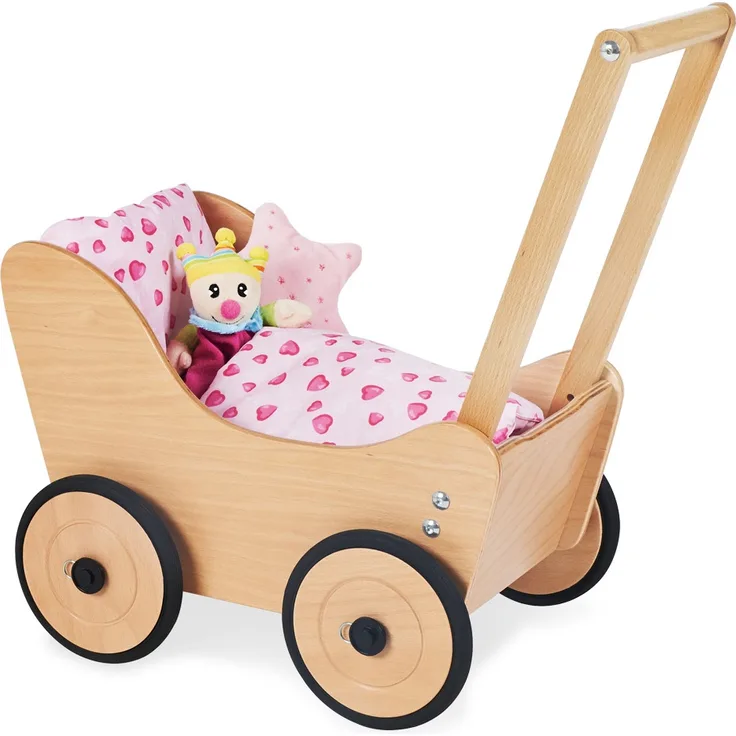 Pinolino 'Sarah' Puppenwagen, Buche klar lackiert, Lauflernhilfe mit gummierten Holzrädern, höhenverstellbarer Schiebegriff, für Kinder von 1-6 Jahren