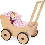 Pinolino 'Sarah' Puppenwagen, Buche klar lackiert, Lauflernhilfe mit gummierten Holzrädern, höhenverstellbarer Schiebegriff, für Kinder von 1-6 Jahren