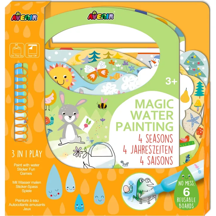 Avenir 6301774 - Magic Water Painting, Vier Jahreszeiten, Ausmalspiel, 3-in-1 Kreativ-Set mit Spielen, Stickern und Ausmalbildern