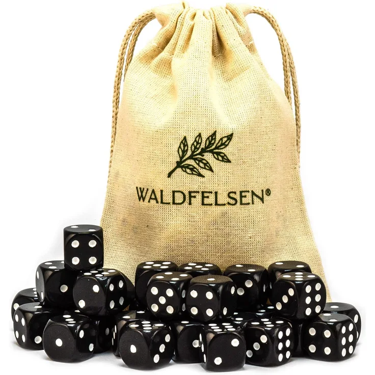 6,12, 20, 30 oder 50 hochqualitative Würfel von Waldfelsen® Standardgröße 16 mm Acrylwürfel Knobel Spielwürfel Dice 6-seitig sechsseitig Spielzubehör Set mit Stoffbeutel (Schwarz, 30 Stück)