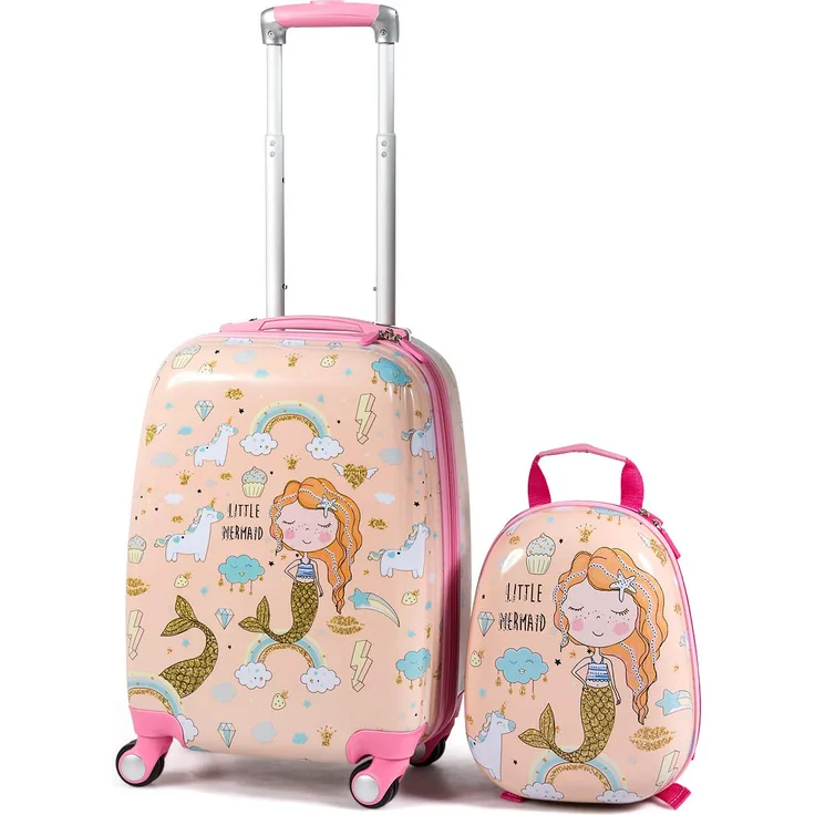 COSTWAY 2tlg Kinderkoffer + Rucksack, Kindertrolley aus Kunststoff, Kindergepaeck, Kinder Kofferset Handgepaeck Reisegepaeck Hartschalenkoffer fuer Jungen und Maedchen Pink, 12"+18''
