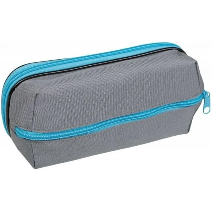 Idena 20043 - Schlamperetui mit 2 Fächern, Schlaufen und Schlaufe für Lineal, grau - blau, ca. 22 x 10 x 10,5 cm