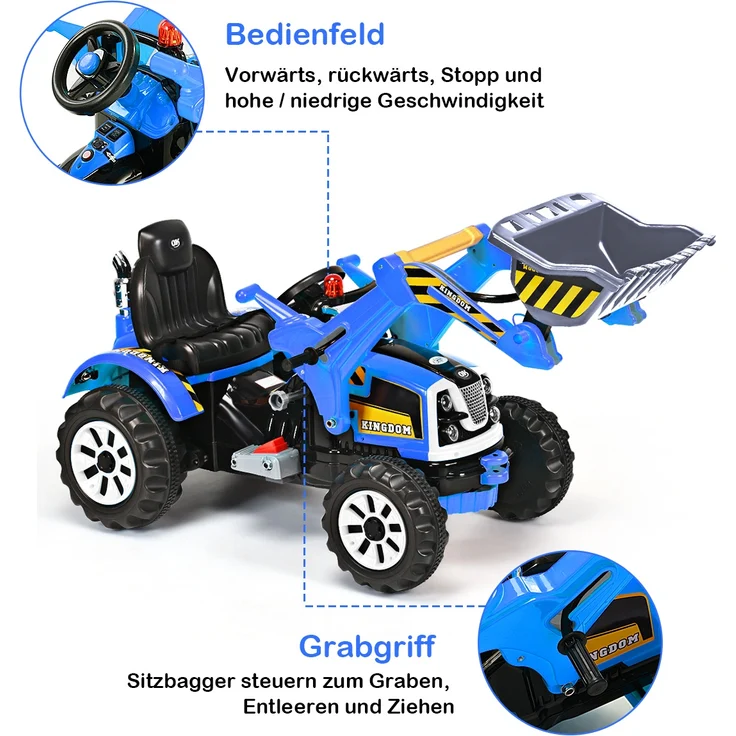 COSTWAY 12V Kinder Bagger, Kinderbagger 2,5-5 km/h, Sitzbagger mit Schaufel, Elektro Bagger Spielzeug, Sandbagger mit Vor-/Rückwärtsschalter, Aufsitzbagger für Kinder von 3 bis 8 Jahren (Blau) – Bild 3