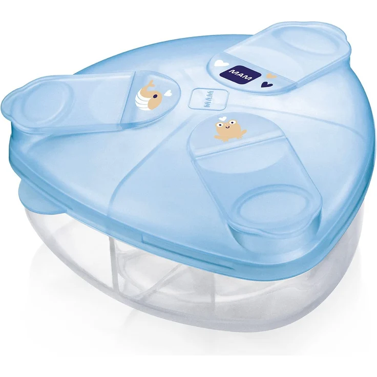 MAM Milchpulverspender, Milchpulver Box zum einfachen Befüllen von Babyflaschen, Milchpulverportionierer fasst bis zu 3 Portionen, 0+ Monate, Wal/Frosch – Bild 1