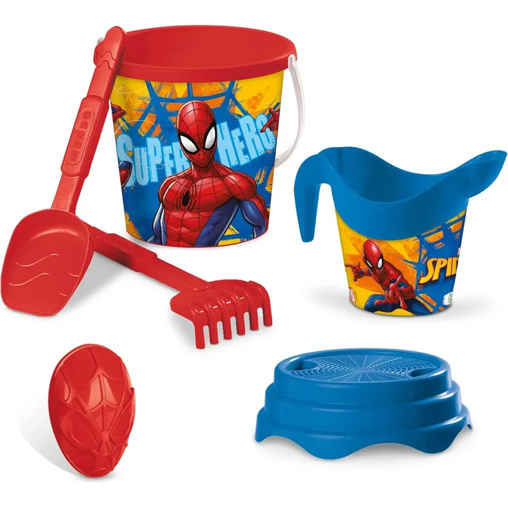 Mondo Toys - BUCKET SET + WATER CAN SPIDERMAN - Sandeimer Set ø17 cm mit Giesser - 6-Teiliges Strandspielzeug Set für Kinder ab 3 Jahren, Strandset - 18427