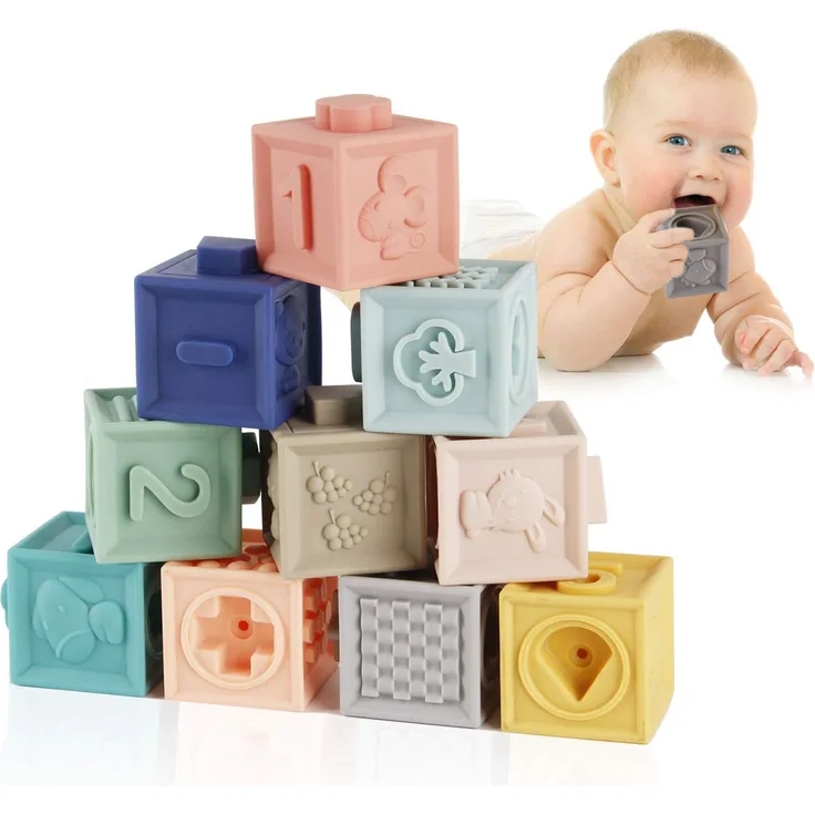 Mini Tudou Baby Bausteine Spielzeug Stapelwürfel Bauen Motorikspielzeug Baby Beißring,Lehrreich Lernspielzeug mit Zahlen Tiere Formen Texturen ab 6 Monate 12 Stück