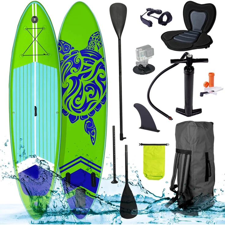 BRAST SUP Board SUPER Set Aufblasbares Stand up Paddle mit extra Zubehör 320x81x15cm Grün incl. Kajaksitz Kamerahalterung Paddel Fußschleife Rucksack Pumpe - Preisvergleich – Bild 1