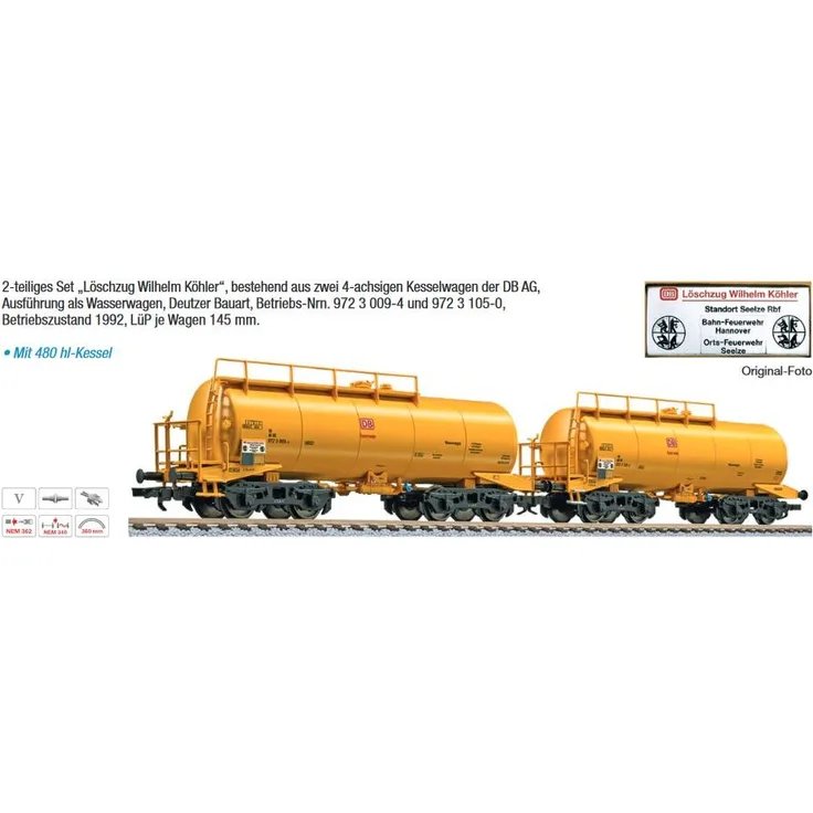 Liliput L 230167 H0 2-tlg. Set, 4-achs. Kesselwagen, "Löschzug Wilhelm Köhler", DB AG, gelb, Ep. V