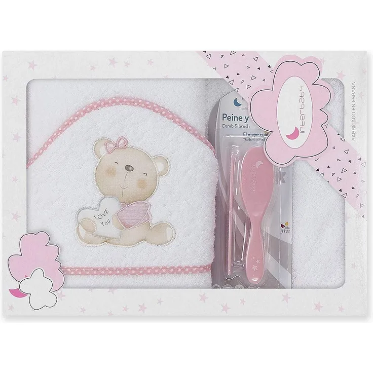 Interbaby P1177-12 Baby Kapuzenbadetuch LOVE YOU, weiss e rosa mit Kamm und Bürste, Rosa
