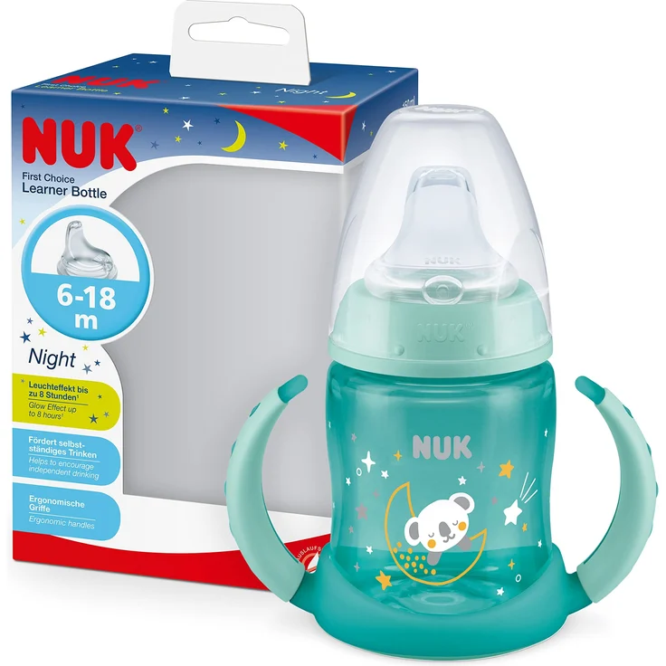 NUK First Choice Trinklernflasche mit Leuchteffekt | 6-18 Monate | 150 ml | Anti-Colic-Ventil | auslaufsicherer Trinkschnabel | Ergonomische Griffe | BPA-frei | Koala (blau), 10215374 – Bild 1
