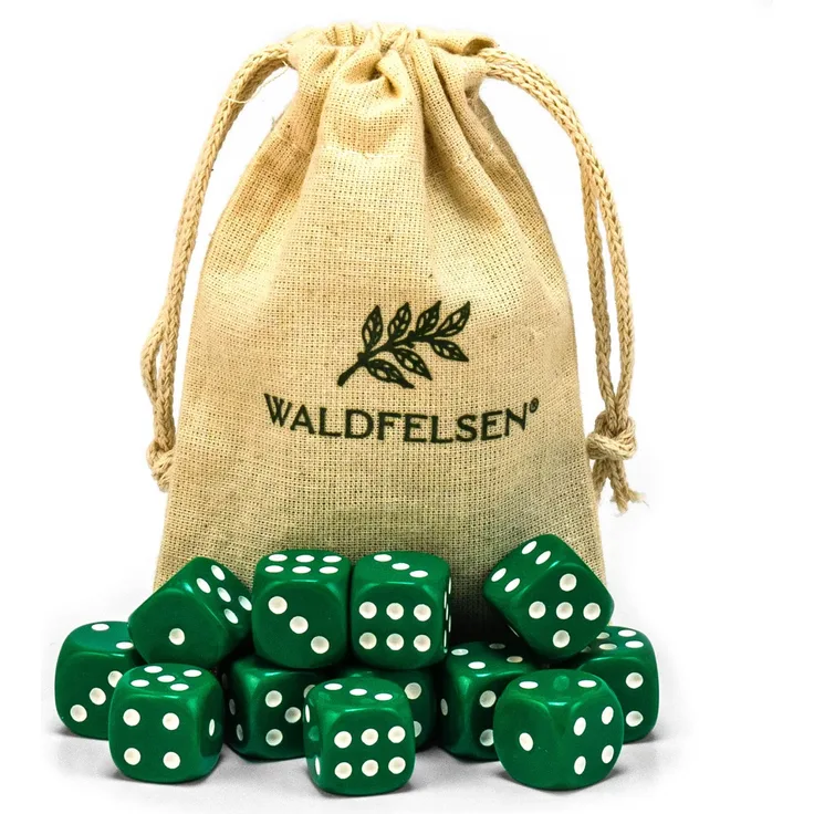 12 hochqualitative Würfel von Waldfelsen® Standardgröße 16 mm Acrylwürfel Knobel Spielwürfel Dice 6-seitig sechsseitig Spielzubehör Set mit Stoffbeutel (Grün, 12 Stück)