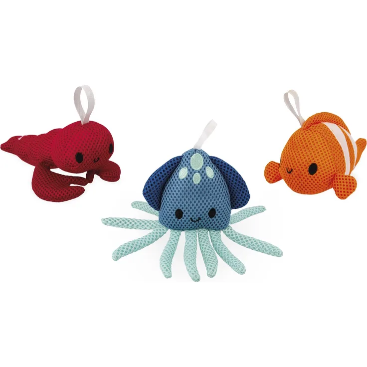 Janod 3 Plüsch-Badetiere für Kinder-Sich Waschen Lernen-Hummer, Clownfisch, Tintenfisch aus Stoff-Badespielzeug-Ab 10 Monaten, J04731, Mehrfarbig