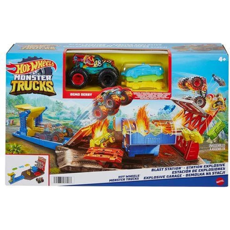 Hot Wheels Monster Trucks-Explosive Garage Spielset mit HW Demo Derby und kaputtgehenden Autos – Bild 1