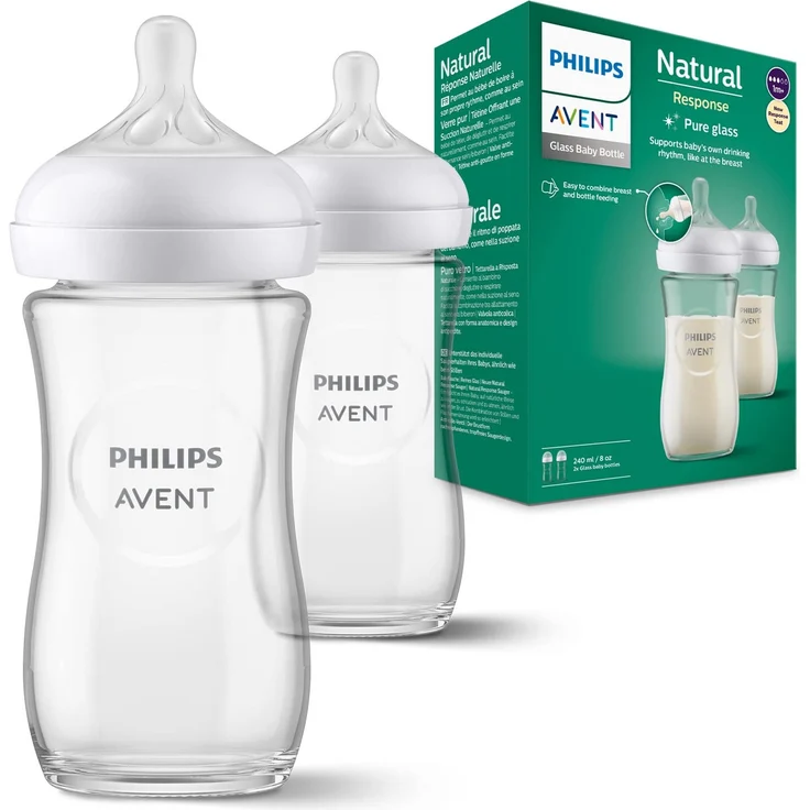 Philips Avent Babyflaschen Natural Response aus Glas – 2x Babyflasche, 240 ml, BPA-frei, für Neugeborene ab 1 Monat (Modell SCY933/02) – Bild 1