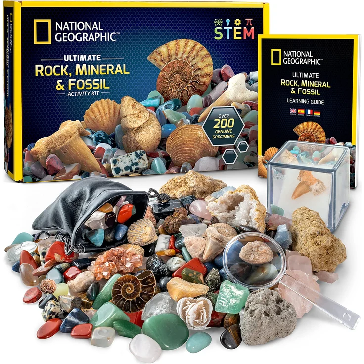 NATIONAL GEOGRAPHIC Edelsteine und Fossilien Set - 200-teiliges Set mit Geoden und Echten Fossilien -Rosenquarz Jaspis Aventurin - Viele Weitere Kristalle und Edelsteine für Kinder – Bild 1