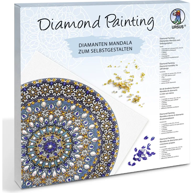 Ursus 43520002F - Diamond Painting Mandala Set 2, Bastelset mit Steinchen in blau, weiß und gelb, 1 Leinwand 30 x 30 x 1,5 cm