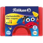 Pelikan Wachsmalstifte wasserfest Kunststoff-Etui rot mit 8 dicken runden Stiften und Schaber