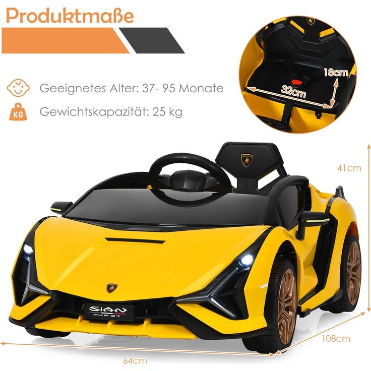 COSTWAY Lamborghini 12V Kinderauto mit 2,4G-Fernbedienung, Elektroauto 3-5km/h mit MP3, Radio, Musik und LED-Scheinwerfer, Kinderfahrzeug f¨¹r Kinder von 3-8 Jahren Gelb – Bild 5