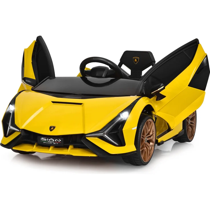 COSTWAY Lamborghini 12V Kinderauto mit 2,4G-Fernbedienung, Elektroauto 3-5km/h mit MP3, Radio, Musik und LED-Scheinwerfer, Kinderfahrzeug f¨¹r Kinder von 3-8 Jahren Gelb – Bild 1