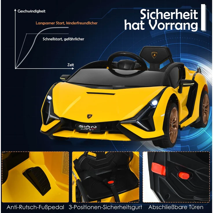 COSTWAY Lamborghini 12V Kinderauto mit 2,4G-Fernbedienung, Elektroauto 3-5km/h mit MP3, Radio, Musik und LED-Scheinwerfer, Kinderfahrzeug f¨¹r Kinder von 3-8 Jahren Gelb – Bild 2