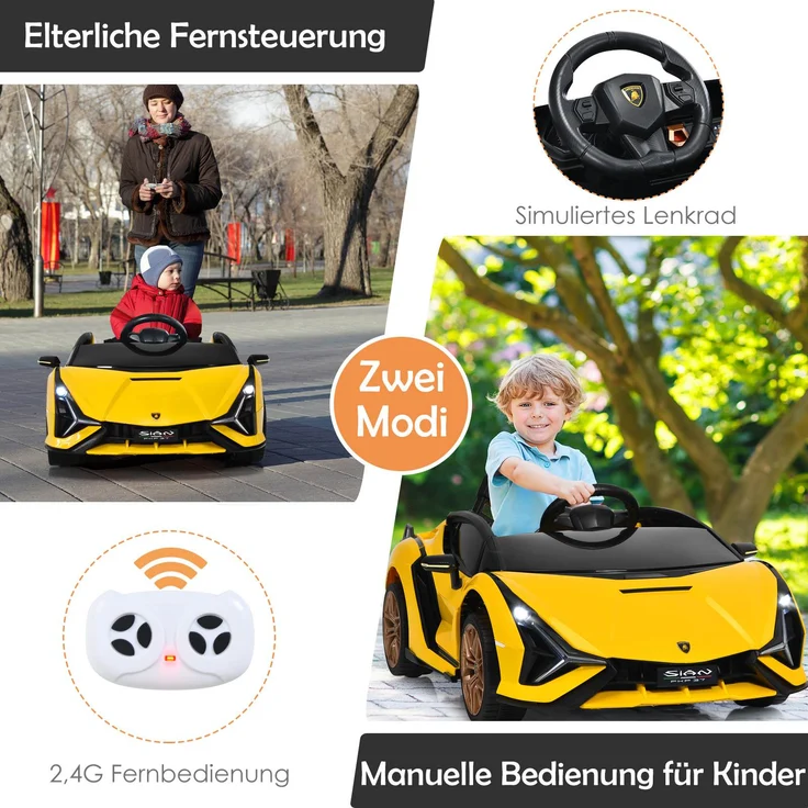 COSTWAY Lamborghini 12V Kinderauto mit 2,4G-Fernbedienung, Elektroauto 3-5km/h mit MP3, Radio, Musik und LED-Scheinwerfer, Kinderfahrzeug f¨¹r Kinder von 3-8 Jahren Gelb – Bild 4
