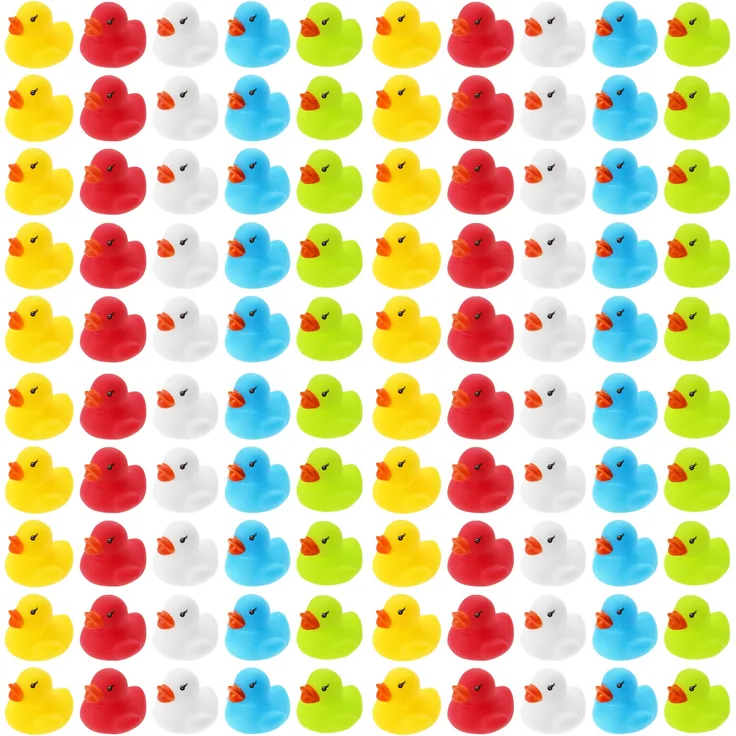 100 WELLGRO Badeenten - bunt (gelb, rot, weiß, blau, grün ), je Ente ca. 3,5 x 3 cm (ØxH), Gummiente, im Netz