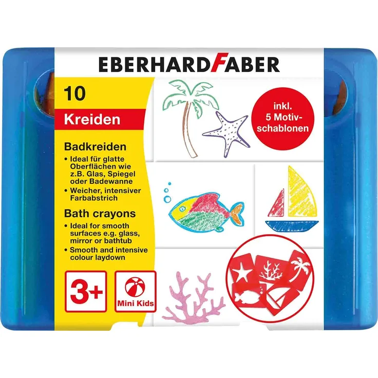 Eberhard Faber 524110 - Badkreide für Kinder zum Malen und Zeichnen auf Fliesen und Spiegeln, Etui mit 10 Kreide-Farben und 5 Motiv-Schablonen