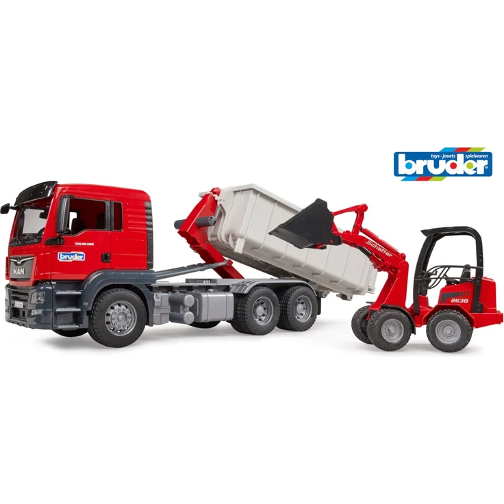 Bruder - MAN TGS LKW mit Abrollcontainer und Schäffer Hoflader 2630 – Bild 1