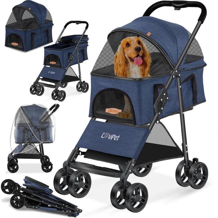 LOVPET® Hundewagen 2in1 Hundebuggy Hundebox Transporttasche Faltbar klappbar bis 20 kg Haustiere Buggy mit Netzfenstern & Regenschutzabdeckung Jogger Katzenbuggy für kleine Hunde Katzen Blau - Preisvergleich – Bild 2