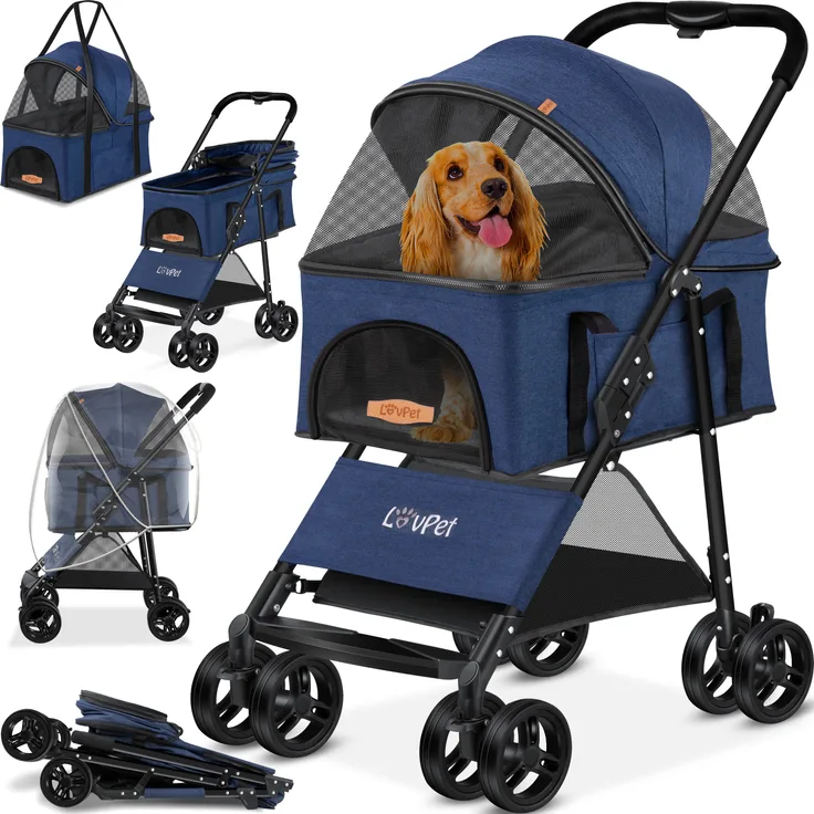 LOVPET® Hundewagen 2in1 Hundebuggy Hundebox Transporttasche Faltbar klappbar bis 20 kg Haustiere Buggy mit Netzfenstern & Regenschutzabdeckung Jogger Katzenbuggy für kleine Hunde Katzen Blau - Preisvergleich