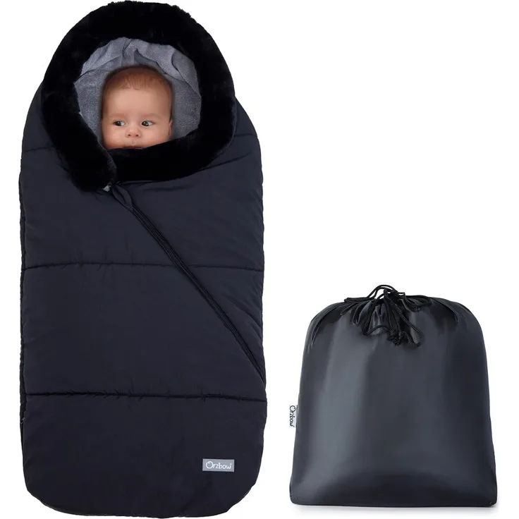 Orzbow Babyfußsack Kinderwagen Winterfußsack Buggy,Baby Schlafsack Babyschale Winter,mit Zwei-Wege-Reißverschluss Waschbar Abnehmbarer Pelzkragen Passend für Alle Kinderwagen (Schwarz)