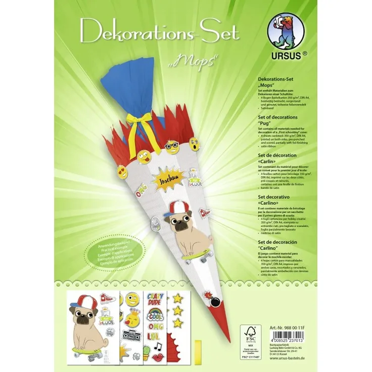 SchultÃ¼te - Dekorations Set - Bastelset Easy Line "Mops" - ZubehÃ¶r fÃ¼r eine SchultÃ¼te zum selber machen - Einschulung DIY