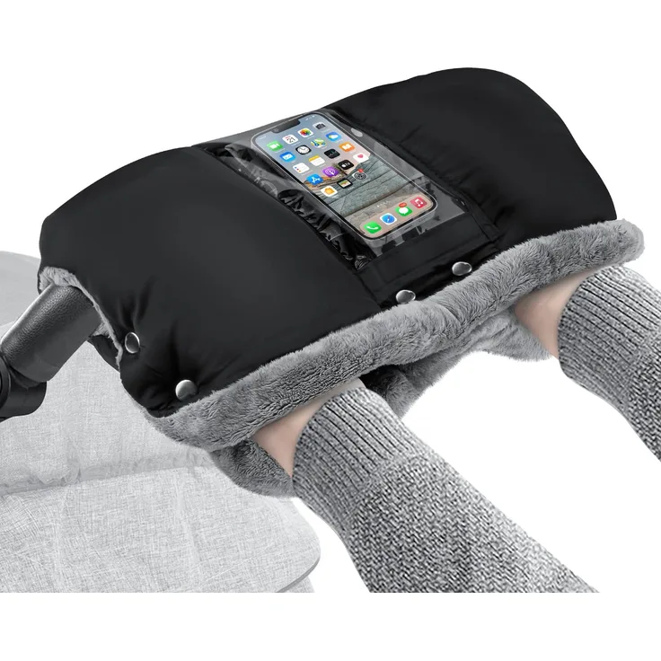 phixilin kinderwagen handwärmer, kinderwagen muff mit Fleece Innenseite, handwärmer kinderwagen mit Handytasche,Wasserfest und Windabweisend Winter für Kinderwagen Buggy Radanhänger - Schwarz