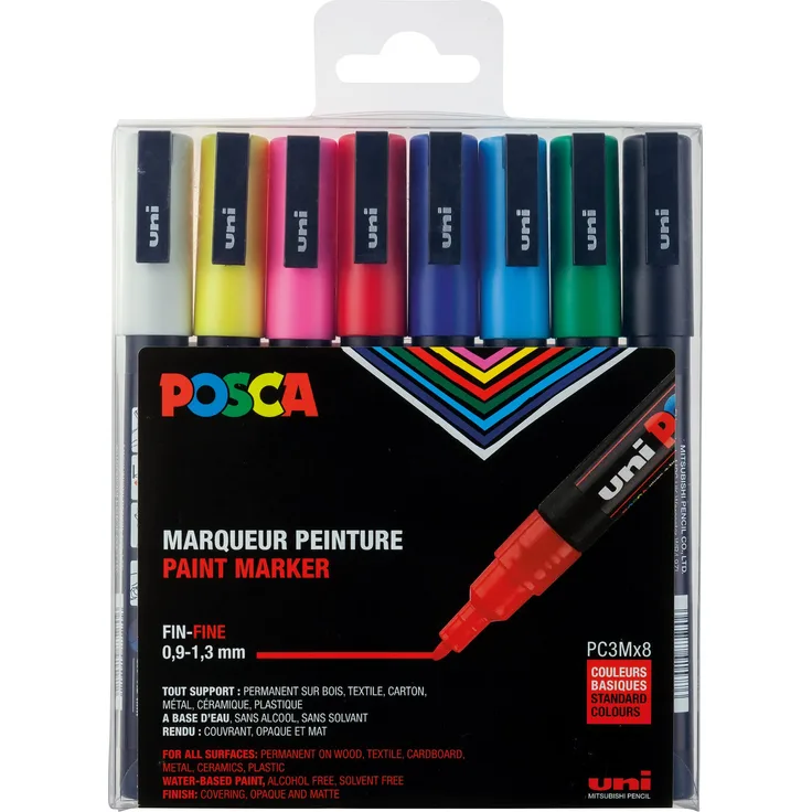 uni-ball 186508 - POSCA Marker mit feiner Rundspitze, 8er Set, Grundfarben