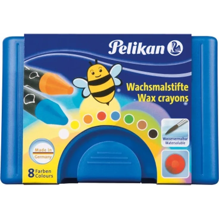 Pelikan Wachsmalstifte wasservermalbar Kunststoff-Etui blau mit 8 dicken runden Stiften und Schaber