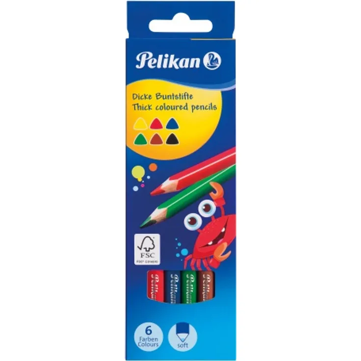 Pelikan Buntstifte dreieckige dicke Holzstifte Packung mit 6 Farben