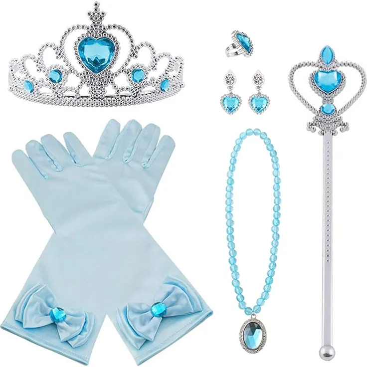 Vicloon Prinzessin Kostüme Eisprinzessin Set of 9, ELSA Handschuhe, Pfirsichherz Krone , Zauberstab, Halskette, Ring, Ohrring. (Blau)