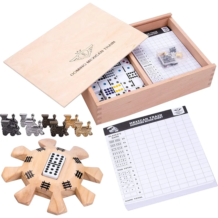 Engelhart - Domino Mexikanischer Zug D12 Deluxe in Einer Box aus Buchenholz + Punkteblock + Bahnhof aus Holz + 8 Züge aus Metall - Preisvergleich