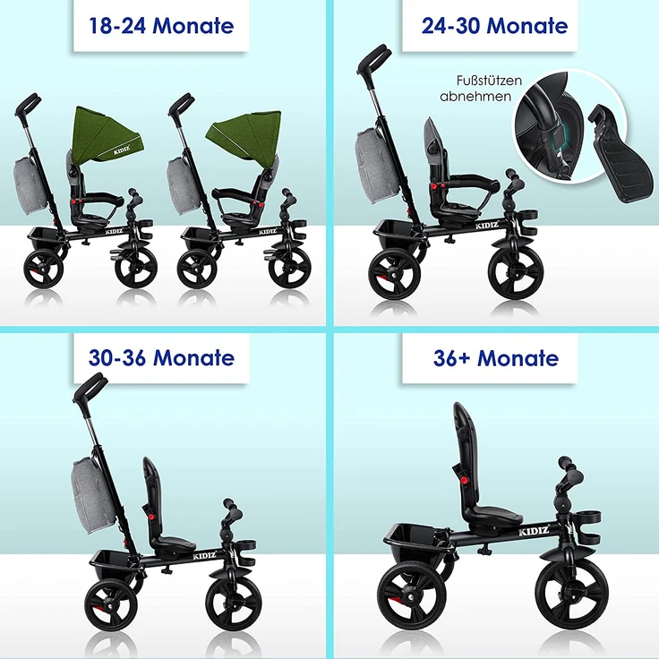 KIDIZ® Dreirad 5in1 Kinderdreirad mit Schubstange Lenksystem Stange ab 1 Jahr vorwärts und Rückwärtsfahrt Jogger , Korb Tasche Getränkehalter Sonnendach Gummiräder, Buggy Fahrrad Baby Klappbar Khaki – Bild 4