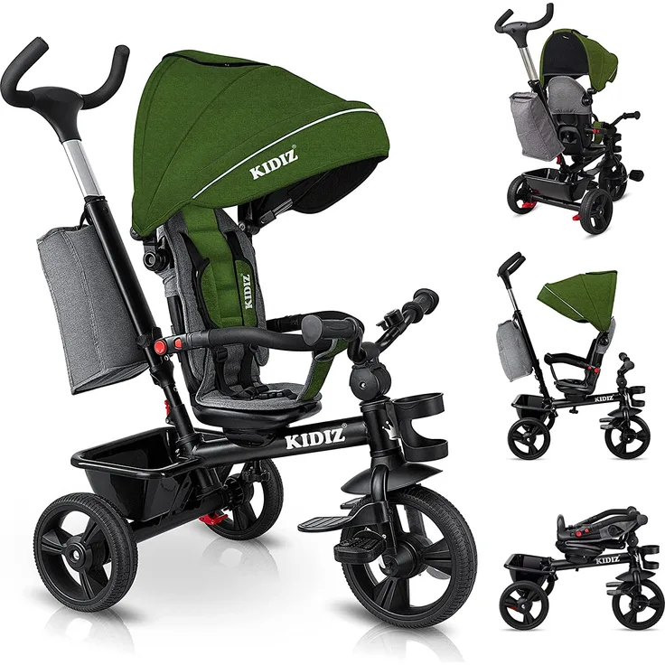 KIDIZ® Dreirad 5in1 Kinderdreirad mit Schubstange Lenksystem Stange ab 1 Jahr vorwärts und Rückwärtsfahrt Jogger , Korb Tasche Getränkehalter Sonnendach Gummiräder, Buggy Fahrrad Baby Klappbar Khaki