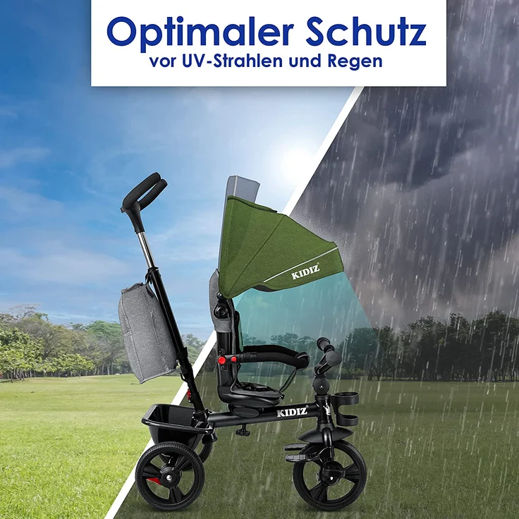 KIDIZ® Dreirad 5in1 Kinderdreirad mit Schubstange Lenksystem Stange ab 1 Jahr vorwärts und Rückwärtsfahrt Jogger , Korb Tasche Getränkehalter Sonnendach Gummiräder, Buggy Fahrrad Baby Klappbar Khaki – Bild 5