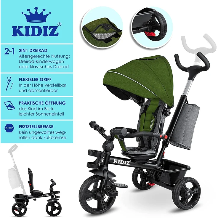 KIDIZ® Dreirad 5in1 Kinderdreirad mit Schubstange Lenksystem Stange ab 1 Jahr vorwärts und Rückwärtsfahrt Jogger , Korb Tasche Getränkehalter Sonnendach Gummiräder, Buggy Fahrrad Baby Klappbar Khaki – Bild 2