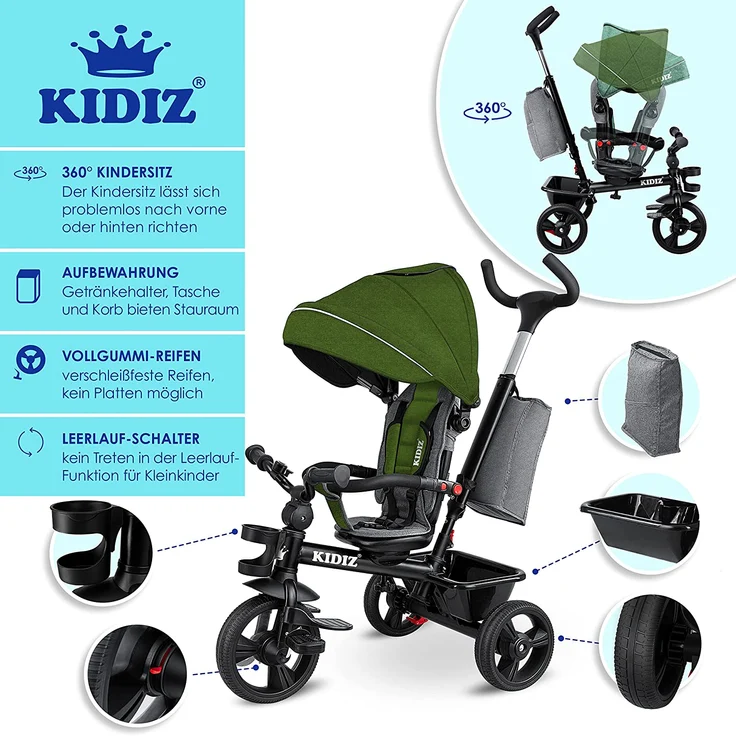 KIDIZ® Dreirad 5in1 Kinderdreirad mit Schubstange Lenksystem Stange ab 1 Jahr vorwärts und Rückwärtsfahrt Jogger , Korb Tasche Getränkehalter Sonnendach Gummiräder, Buggy Fahrrad Baby Klappbar Khaki – Bild 3