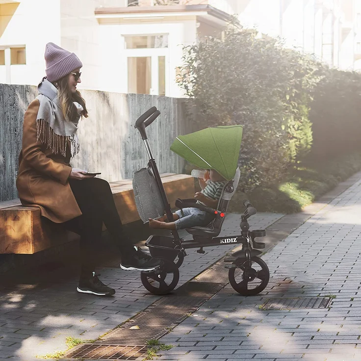 KIDIZ® Dreirad 5in1 Kinderdreirad mit Schubstange Lenksystem Stange ab 1 Jahr vorwärts und Rückwärtsfahrt Jogger , Korb Tasche Getränkehalter Sonnendach Gummiräder, Buggy Fahrrad Baby Klappbar Khaki – Bild 6