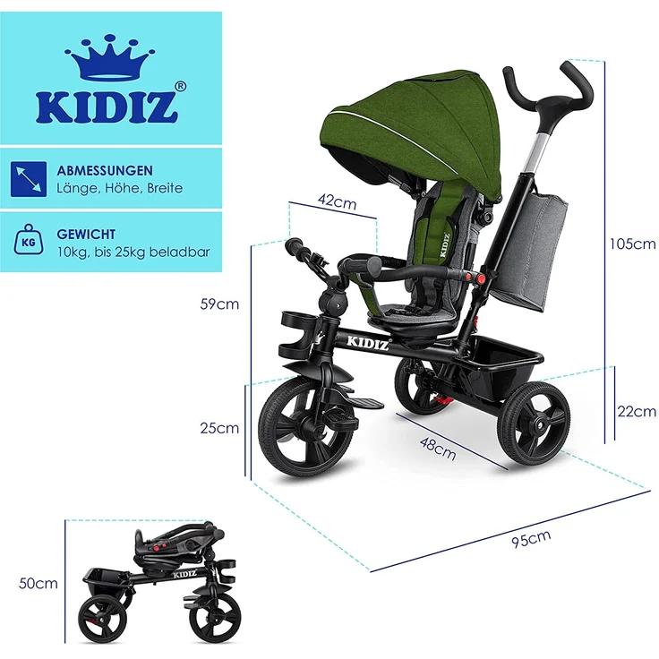 KIDIZ® Dreirad 5in1 Kinderdreirad mit Schubstange Lenksystem Stange ab 1 Jahr vorwärts und Rückwärtsfahrt Jogger , Korb Tasche Getränkehalter Sonnendach Gummiräder, Buggy Fahrrad Baby Klappbar Khaki – Bild 8